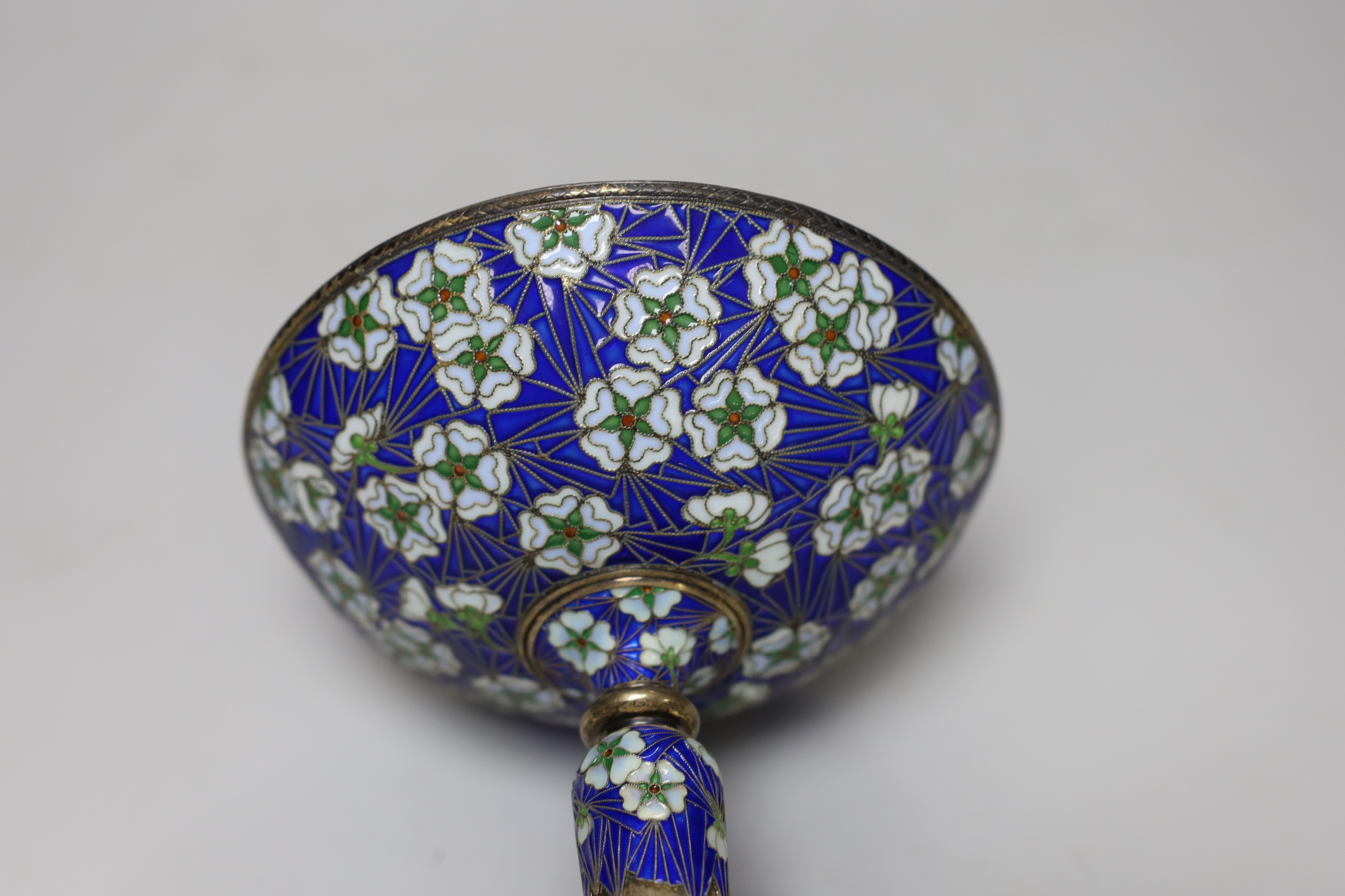 A modern Russian gilt 925, enamel and plique à jour presentation chalice, with engraved inscription to the base, 17.5cm high, gross weight 14.1oz.